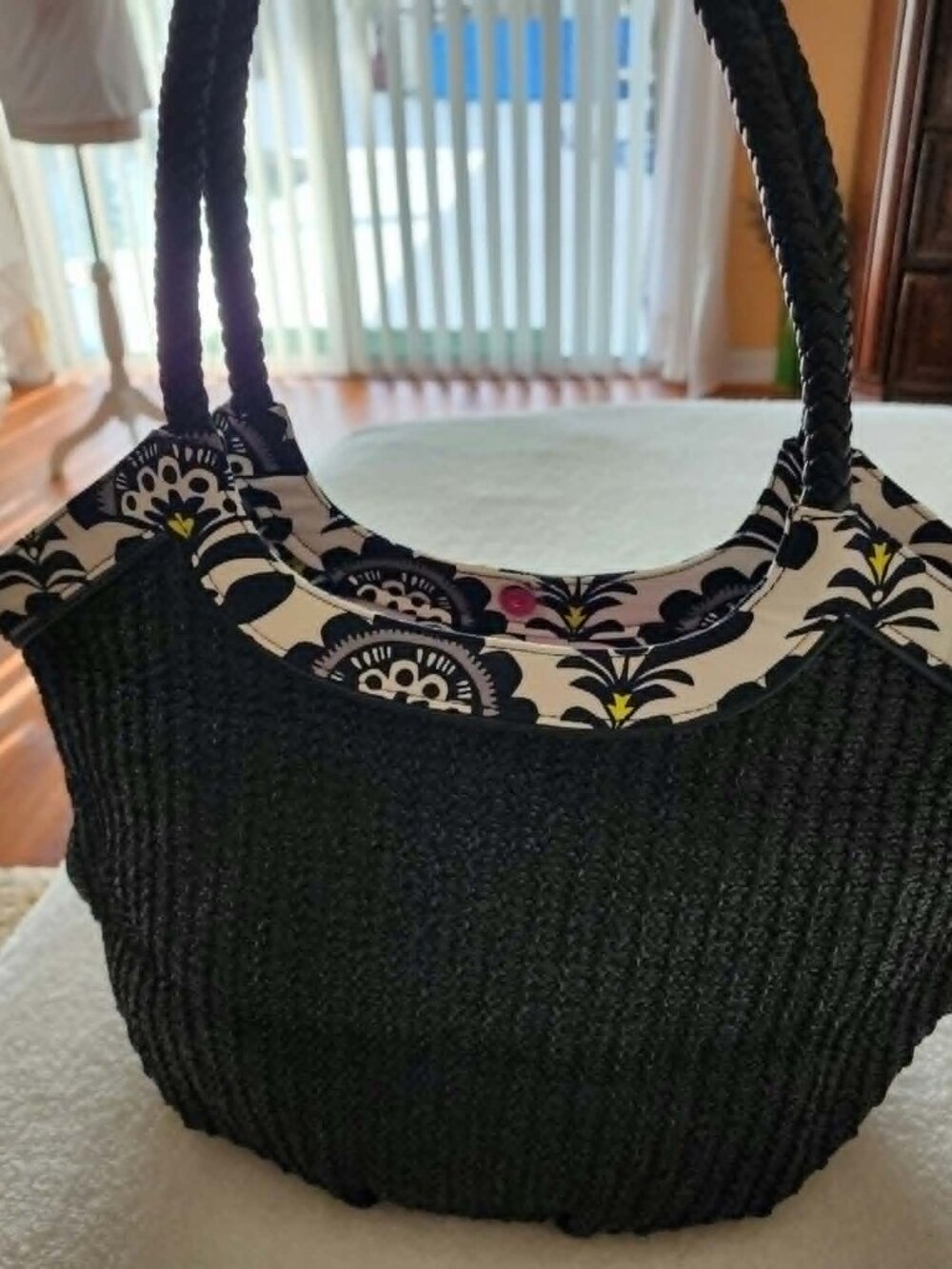 Vera Bradley Black Woven Straw Tote Beach Summer Bag